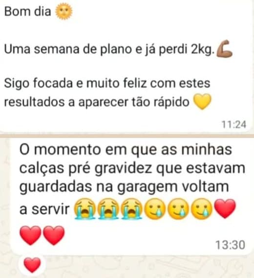 Duas mensagens de WhatsApp da Patrícia Silva: a primeira semana de plano e as calças que voltam a servir
